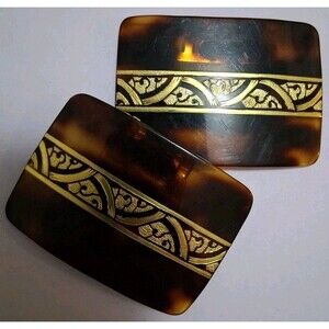 Tip Toe France faux tort shell lucite shoe clips, rectangle, gold tone accent